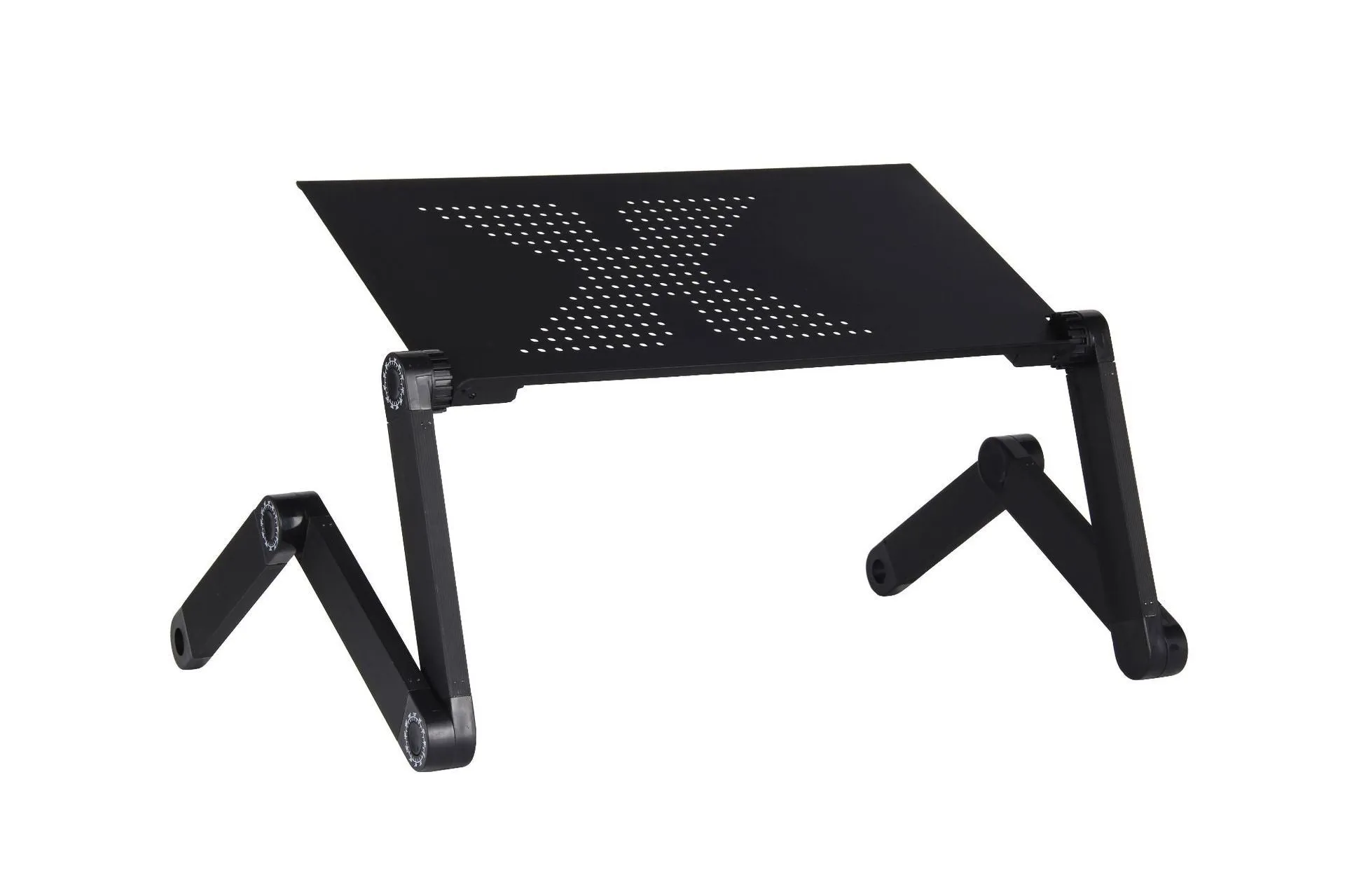 Black vertical folding metal laptop desk with ventilated surface and adjustable height showing legs extended