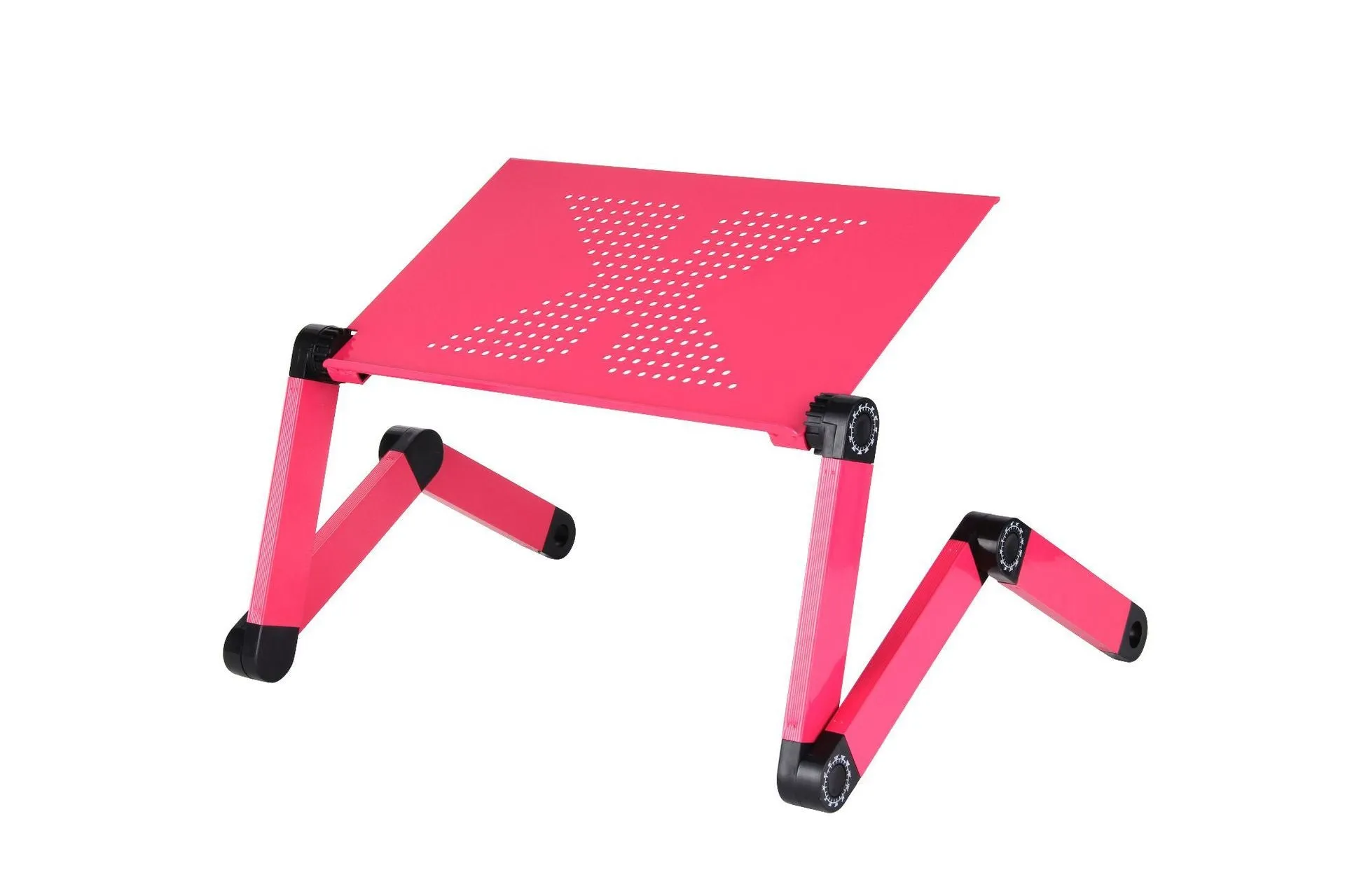 Black vertical folding metal laptop desk with ventilated surface and adjustable height showing legs extended