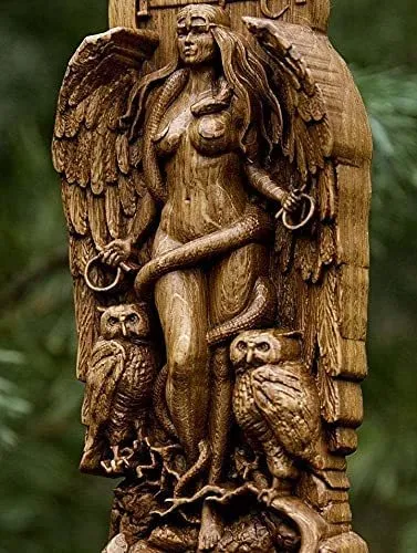 A detailed synthetic resin Greek goddess statue on a stand for altar or garden use.