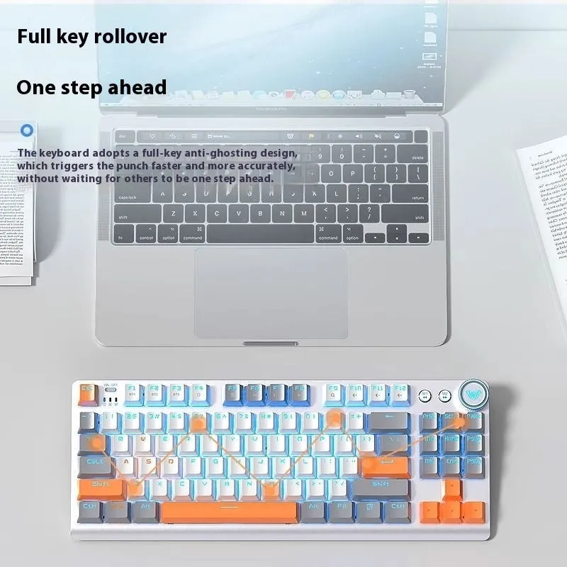 Wireless mechanical keyboard with side-engraved keycaps and metal construction showing multiple colour options