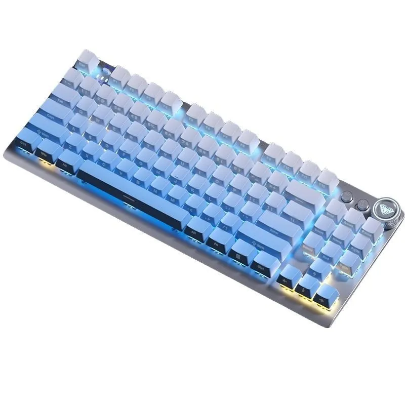 Wireless mechanical keyboard with side-engraved keycaps and metal construction showing multiple colour options