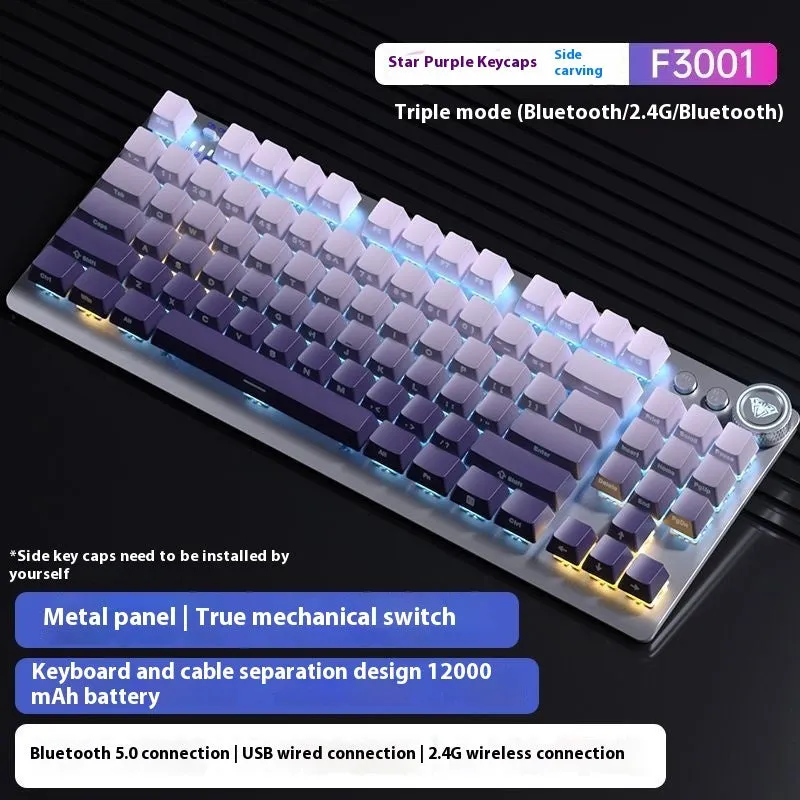 Wireless mechanical keyboard with side-engraved keycaps and metal construction showing multiple colour options