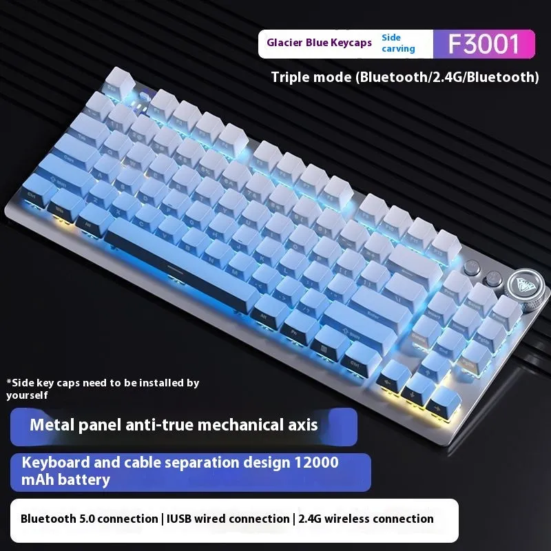 Wireless mechanical keyboard with side-engraved keycaps and metal construction showing multiple colour options