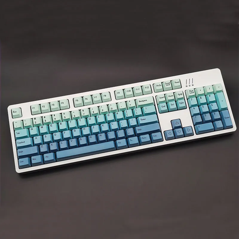PBT sublimation keycap set with colour options Black Pink, Blue, and Brown, compatible with 104 108 87 key keyboards