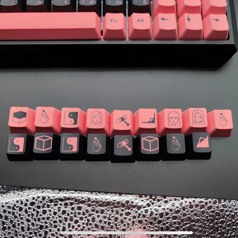 PBT sublimation keycap set with colour options Black Pink, Blue, and Brown, compatible with 104 108 87 key keyboards
