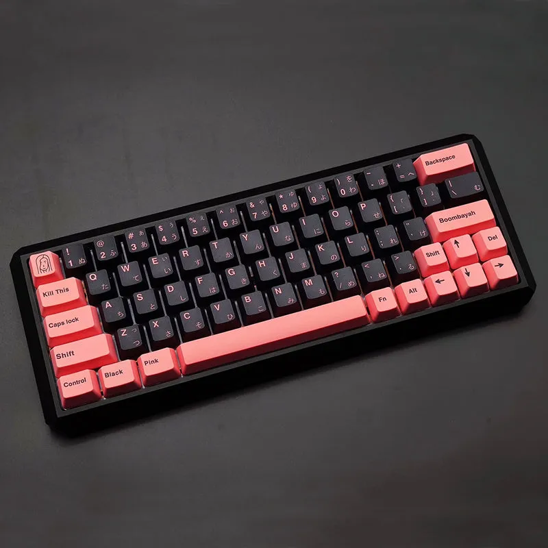 PBT sublimation keycap set with colour options Black Pink, Blue, and Brown, compatible with 104 108 87 key keyboards