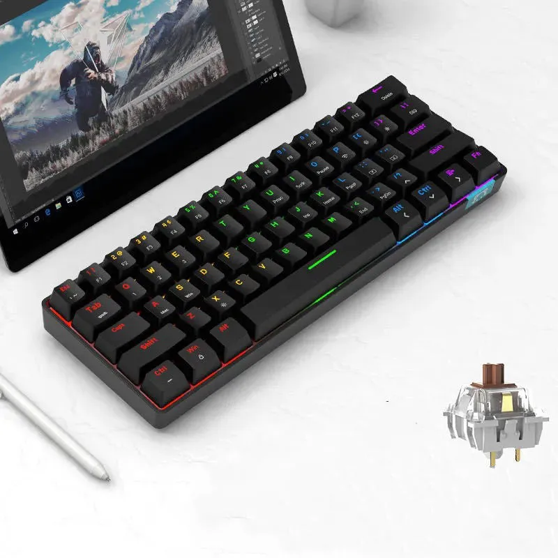 Wireless dual-mode Bluetooth mechanical keyboard with 61-key compact layout and monochrome backlight
