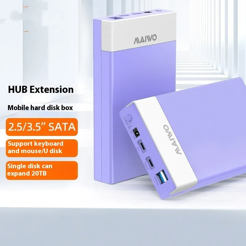 3.5-inch external hard drive enclosure in ABS plastic with USB 3.0 cable and power supply.