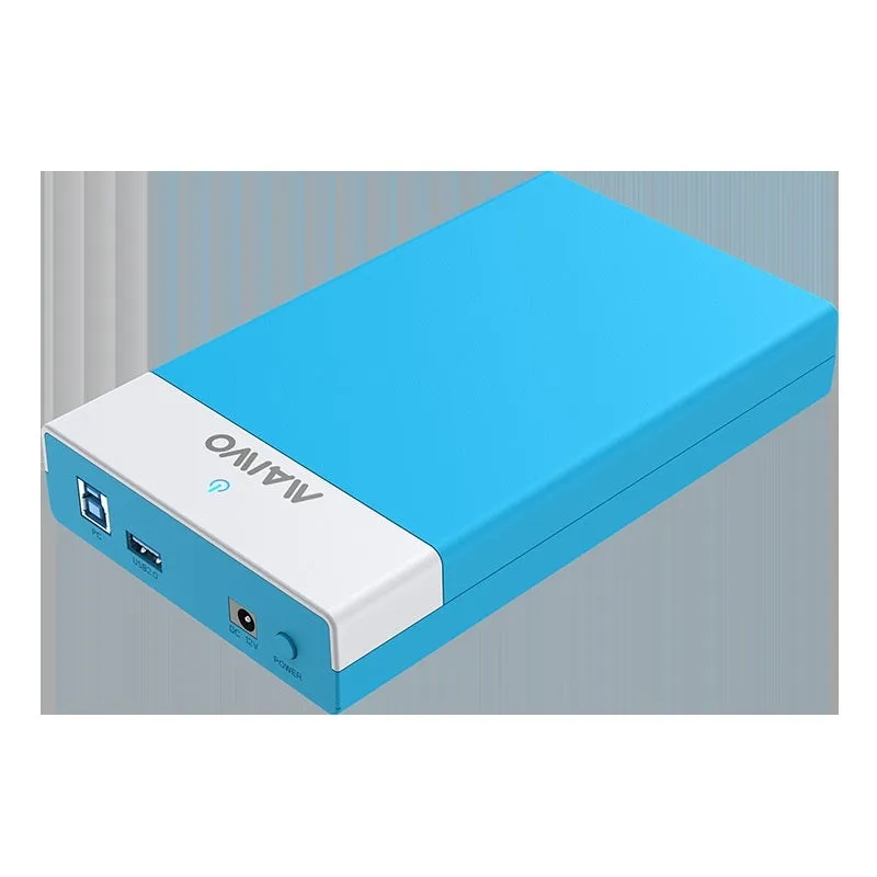 3.5-inch external hard drive enclosure in ABS plastic with USB 3.0 cable and power supply.