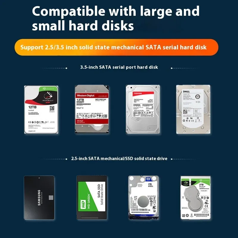 3.5-inch external hard drive enclosure in ABS plastic with USB 3.0 cable and power supply.