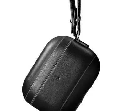 Black cowhide leather protective cover for AirPods Pro charging case with anti-lost lanyard attached