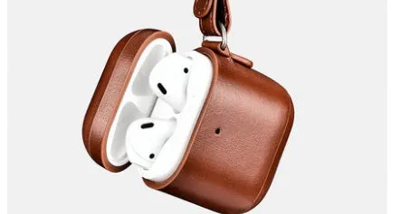 Black cowhide leather protective cover for AirPods Pro charging case with anti-lost lanyard attached