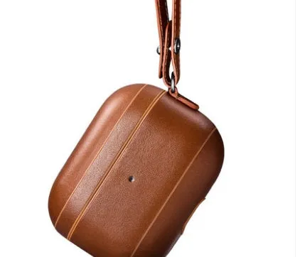 Black cowhide leather protective cover for AirPods Pro charging case with anti-lost lanyard attached