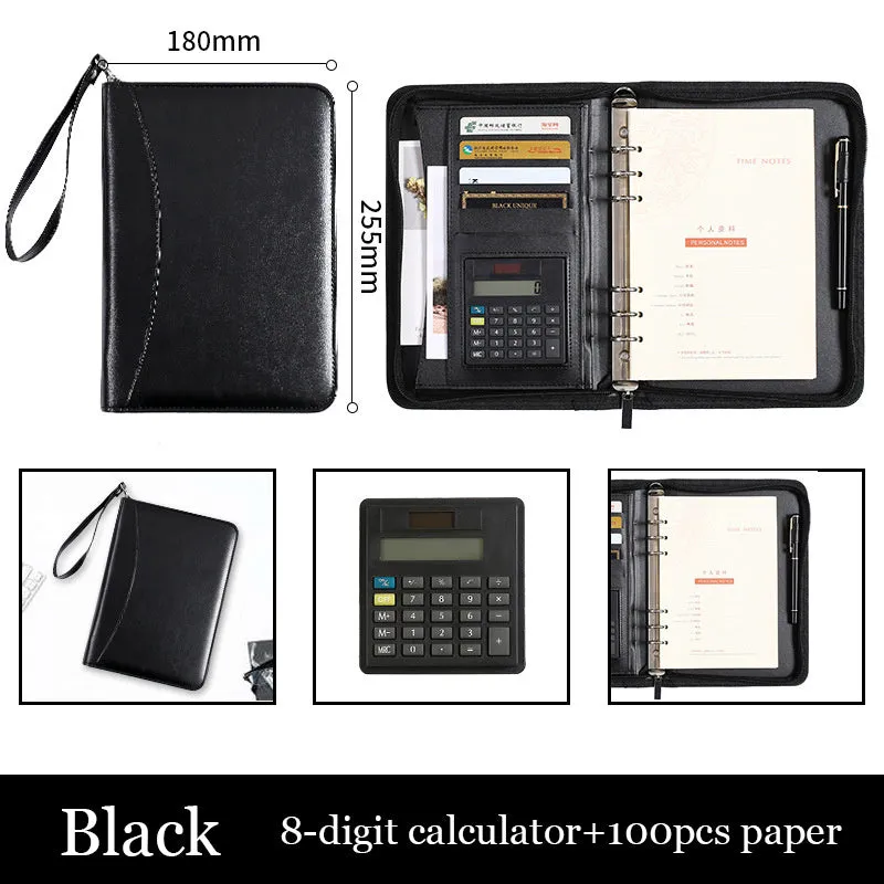 A5 PU business manager folder zipper bag in black with calculator and loose-leaf pages