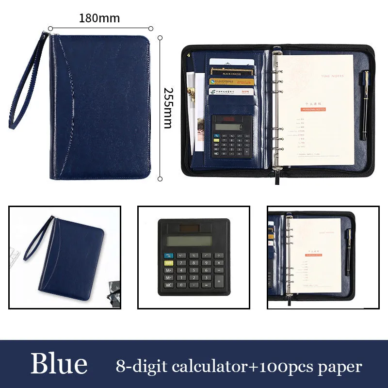 A5 PU business manager folder zipper bag in black with calculator and loose-leaf pages