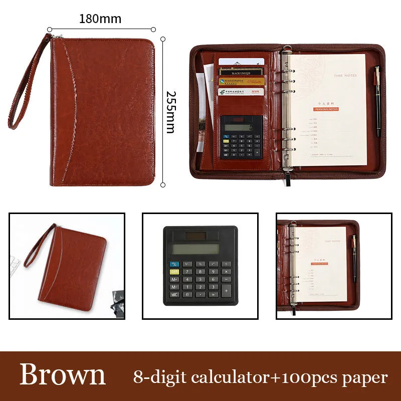 A5 PU business manager folder zipper bag in black with calculator and loose-leaf pages