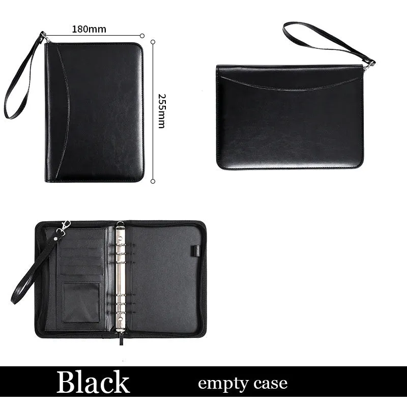 A5 PU business manager folder zipper bag in black with calculator and loose-leaf pages