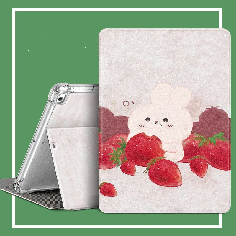 Cartoon iPad case in imitation leather and silicone with airbag drop protection and sleep function, front view
