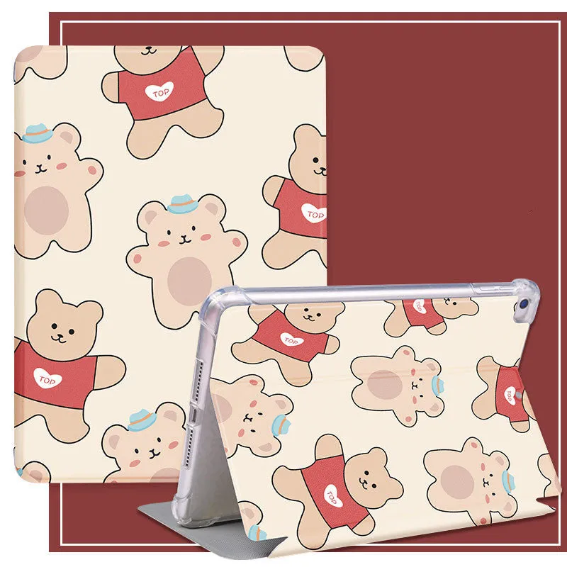 Cartoon iPad case in imitation leather and silicone with airbag drop protection and sleep function, front view
