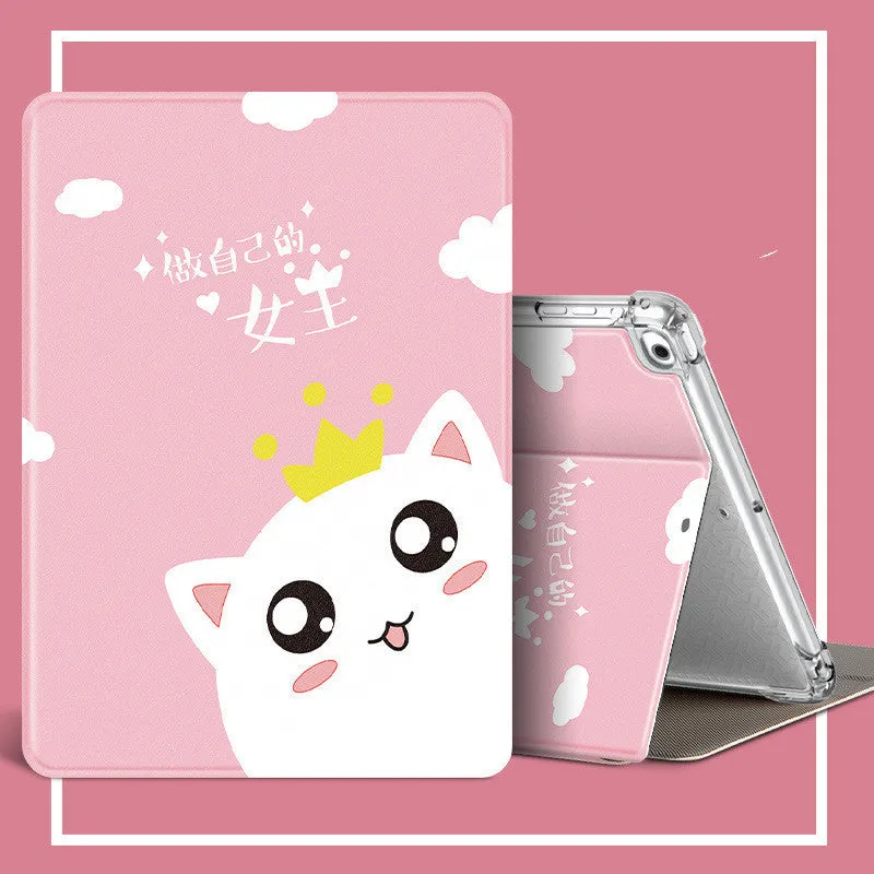 Cartoon iPad case in imitation leather and silicone with airbag drop protection and sleep function, front view