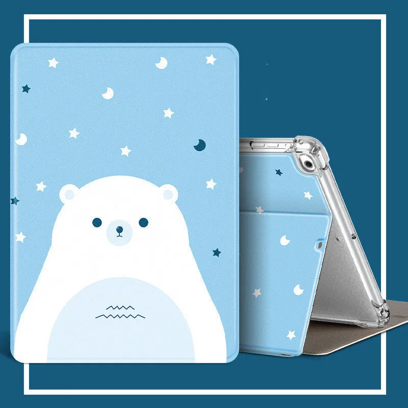 Cartoon iPad case in imitation leather and silicone with airbag drop protection and sleep function, front view