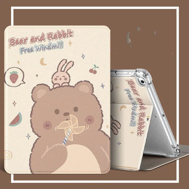 Cartoon iPad case in imitation leather and silicone with airbag drop protection and sleep function, front view