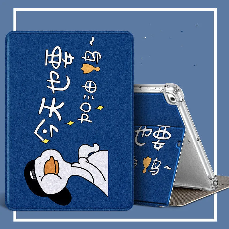 Cartoon iPad case in imitation leather and silicone with airbag drop protection and sleep function, front view