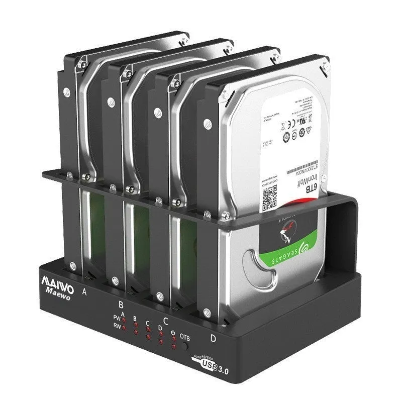 External four-bay 2.5-inch hard drive enclosure with USB 3.0 cable and power adapter