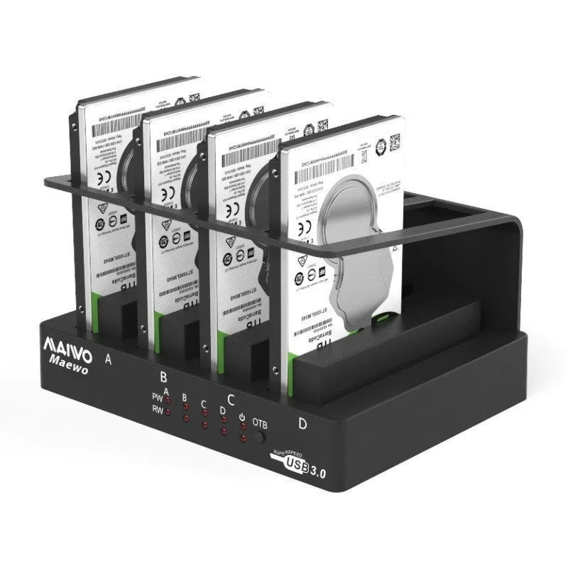 External four-bay 2.5-inch hard drive enclosure with USB 3.0 cable and power adapter