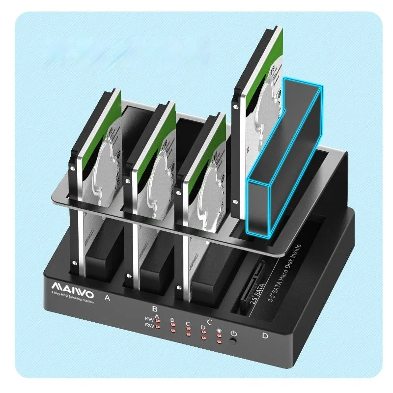 External four-bay 2.5-inch hard drive enclosure with USB 3.0 cable and power adapter