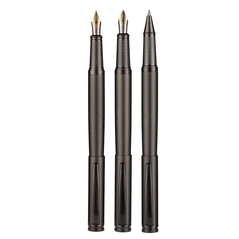 Fog gun grey metal signature pen with bullet nib and 0.5mm line width on dark table