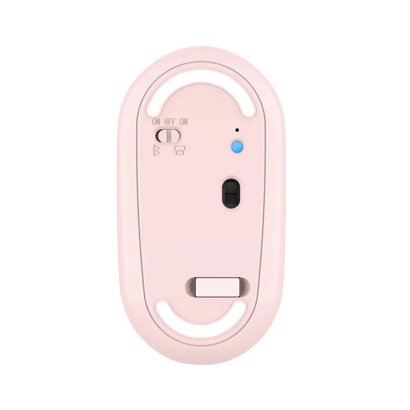 Rechargeable dual-mode wireless mouse in white with 2.4GHz and Bluetooth 5.0, 500mAh battery, compact 105x60x20mm size