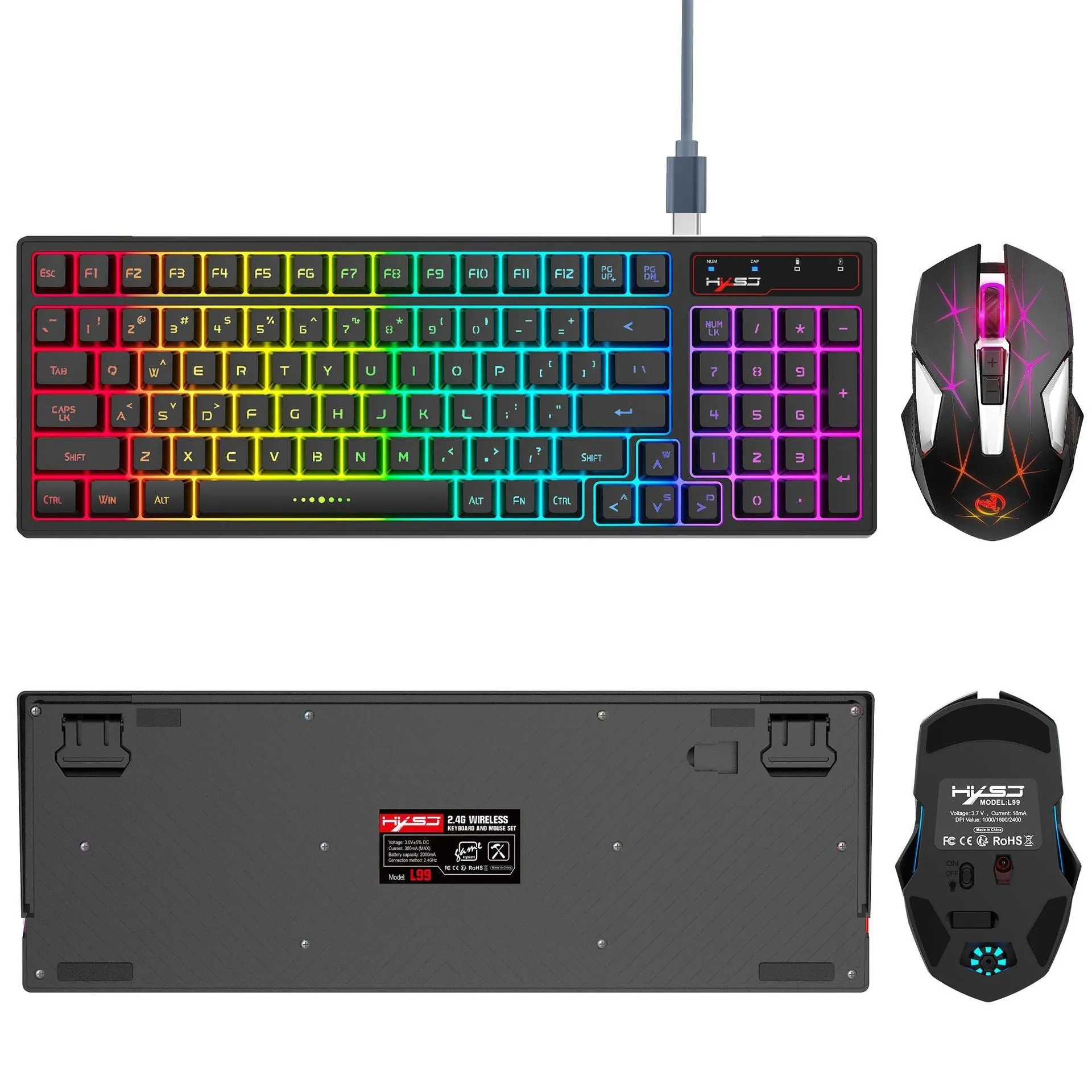L99 wireless rechargeable 2.4G keyboard and mouse film set with RGB glow and Type-C charging
