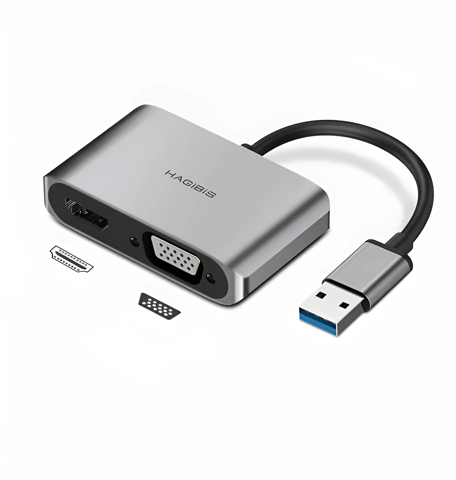 Hagibis USB 3.0 to HDMI-compatible VGA adapter in alloy grey with 0.2m cable for 4K HD multi-display
