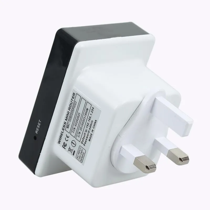 300Mbps WiFi repeater with dual Ethernet ports and UK plug, white plastic housing