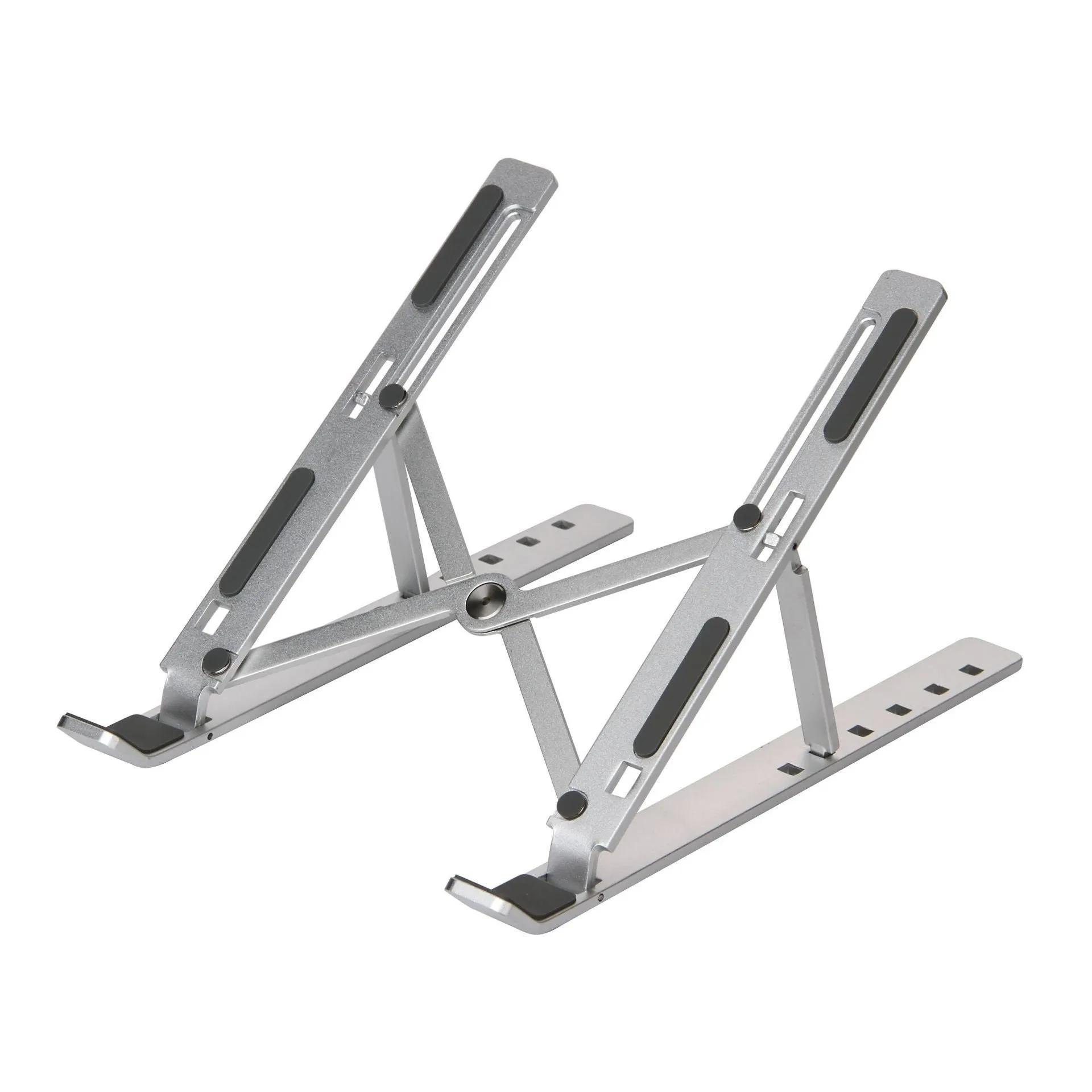 Silver cooling folding computer stand made of aluminium alloy and silicone pads for laptops under 16 inches