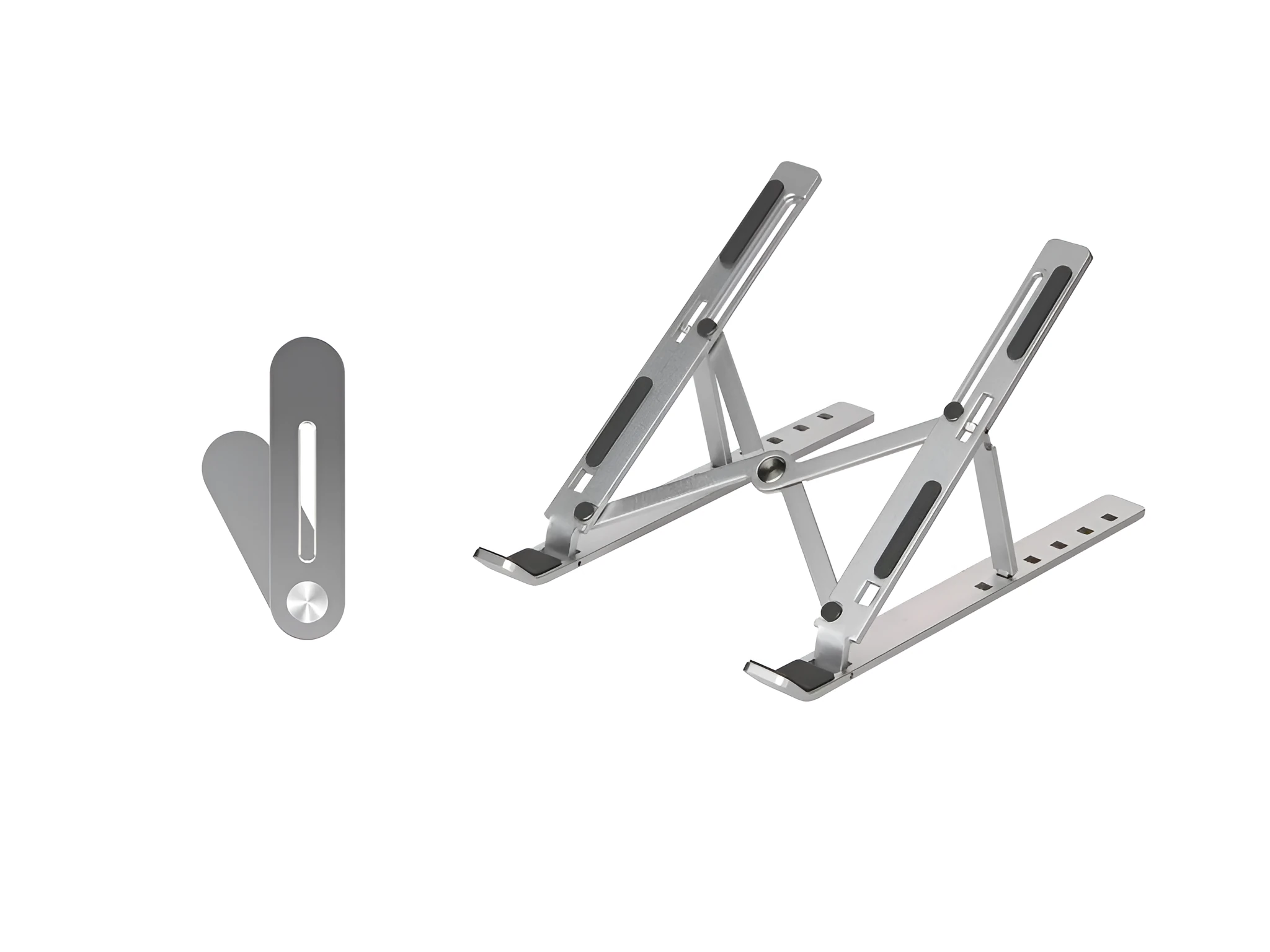 Silver cooling folding computer stand made of aluminium alloy and silicone pads for laptops under 16 inches
