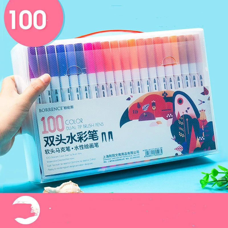Boxed soft-tip watercolour pen set with 100 colours, pencil, marker, colouring book, and secret garden on a white background