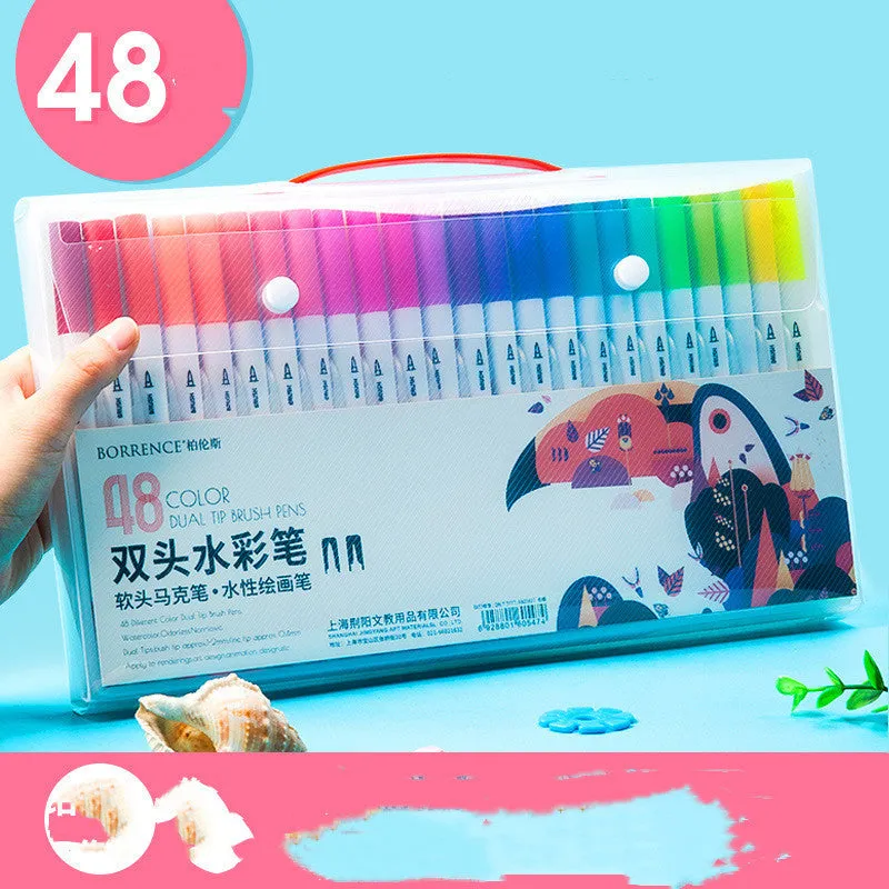 Boxed soft-tip watercolour pen set with 100 colours, pencil, marker, colouring book, and secret garden on a white background