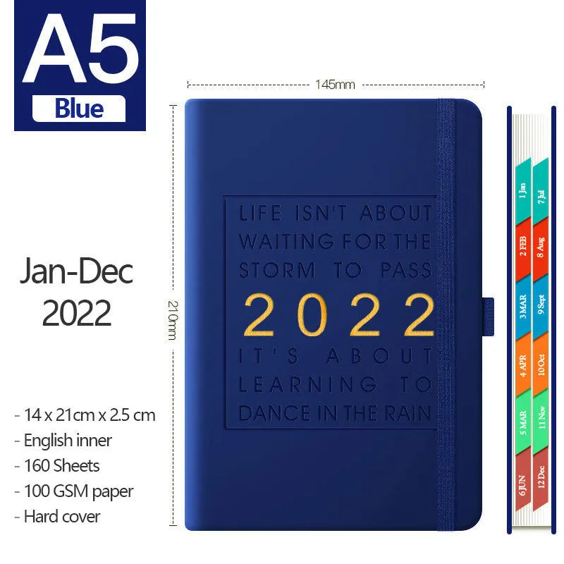 A5 imitation leather notebook with French fold binding open flat on a desk, seven colour options