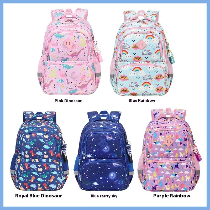Children's waterproof Oxford cloth school backpack in dinosaur pattern with curved shoulder straps