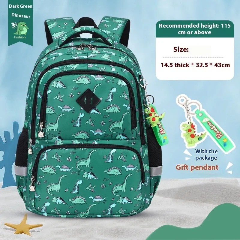 Children's waterproof Oxford cloth school backpack in dinosaur pattern with curved shoulder straps