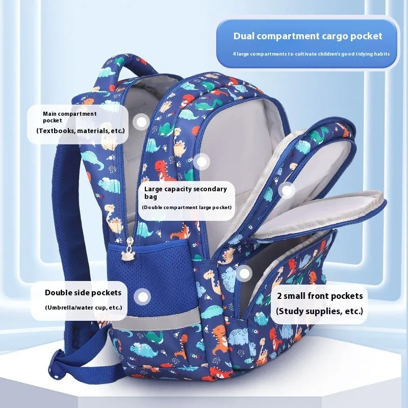 Children's waterproof Oxford cloth school backpack in dinosaur pattern with curved shoulder straps