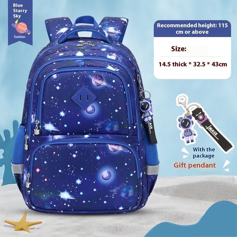 Children's waterproof Oxford cloth school backpack in dinosaur pattern with curved shoulder straps