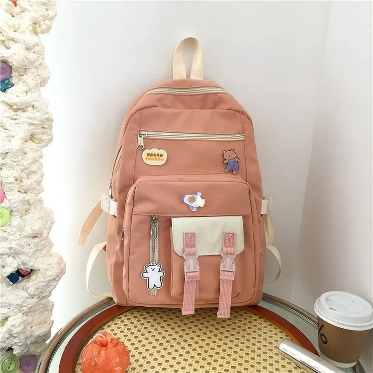 Campus small cute girl student colour matching nylon backpack in white with bear pendant, 19 inch Japanese vintage school bag