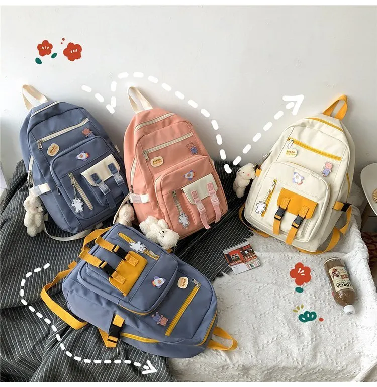 Campus small cute girl student colour matching nylon backpack in white with bear pendant, 19 inch Japanese vintage school bag