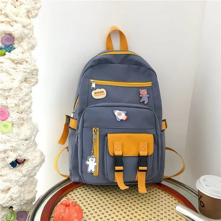 Campus small cute girl student colour matching nylon backpack in white with bear pendant, 19 inch Japanese vintage school bag