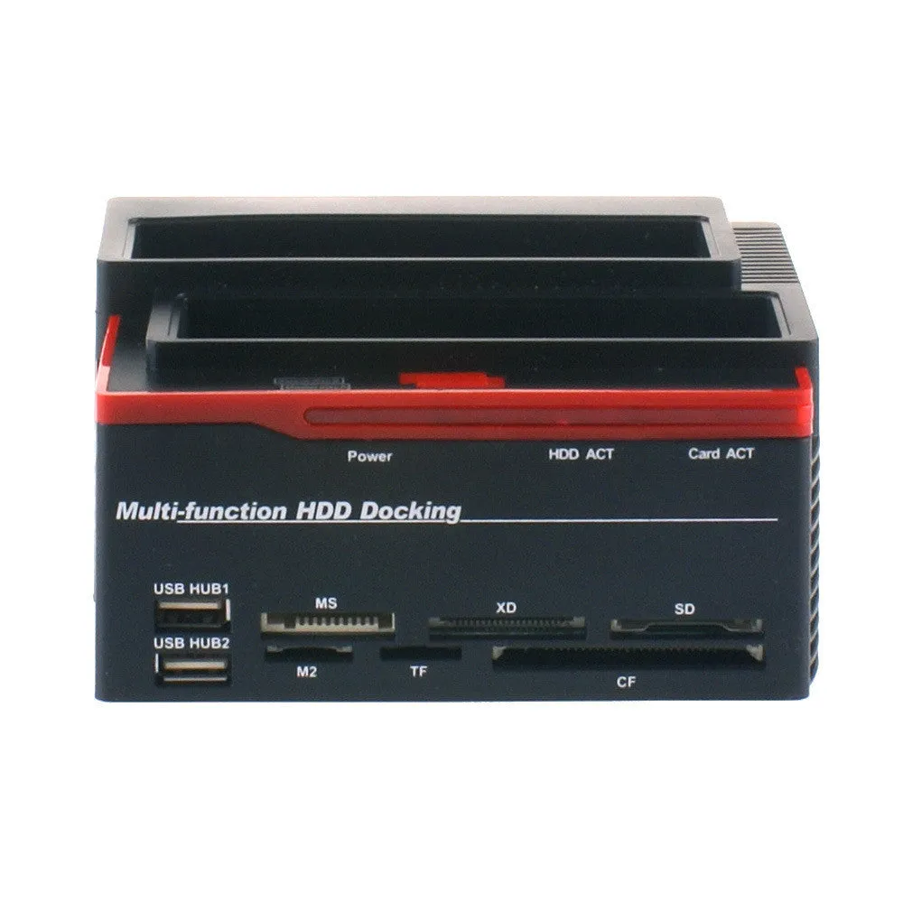 Black plastic hard disk base USB2.0 SATA IDE card reader with two drive bays and LED indicator