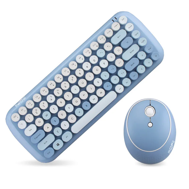 Wireless 2.4G keyboard mouse set in blue, compact design with 84 keys and 6-button mouse