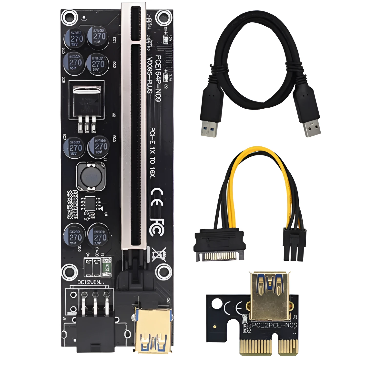 Black PCI Express 16X to 1X riser card with 60cm USB 3.0 cable and tinned copper wire
